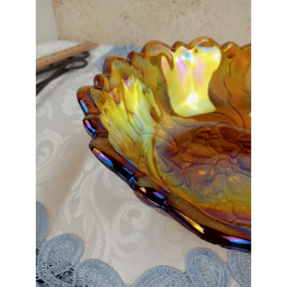 Indiana Glass Flower & Leaf Marigold Carnival Scalloped Footed Serving Bowl 9" - Picture 3 of 12